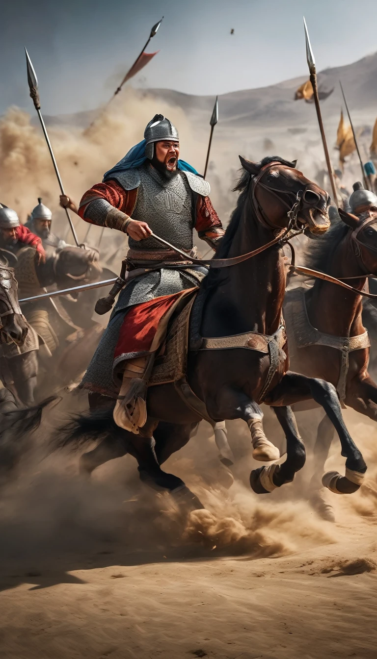 Tension and determination fill the air as both sides clash in a chaotic melee, with shouts and battle cries echoing across the battlefield. The Mamluks fight fiercely to defend their homeland, while the Mongols, known for their brutality, are determined to conquer, background dark, hyper realistic, ultra detailed hyper realistic, photorealistic, Studio Lighting, reflections, dynamic pose, Cinematic, Color Grading, Photography, Shot on 50mm lens, Ultra-Wide Angle, Depth of Field, hyper-detailed, beautifully color, 8k, (best quality,4k,highres,masterpiece:1.2),ultra-detailed,(realistic,photorealistic:1.37)