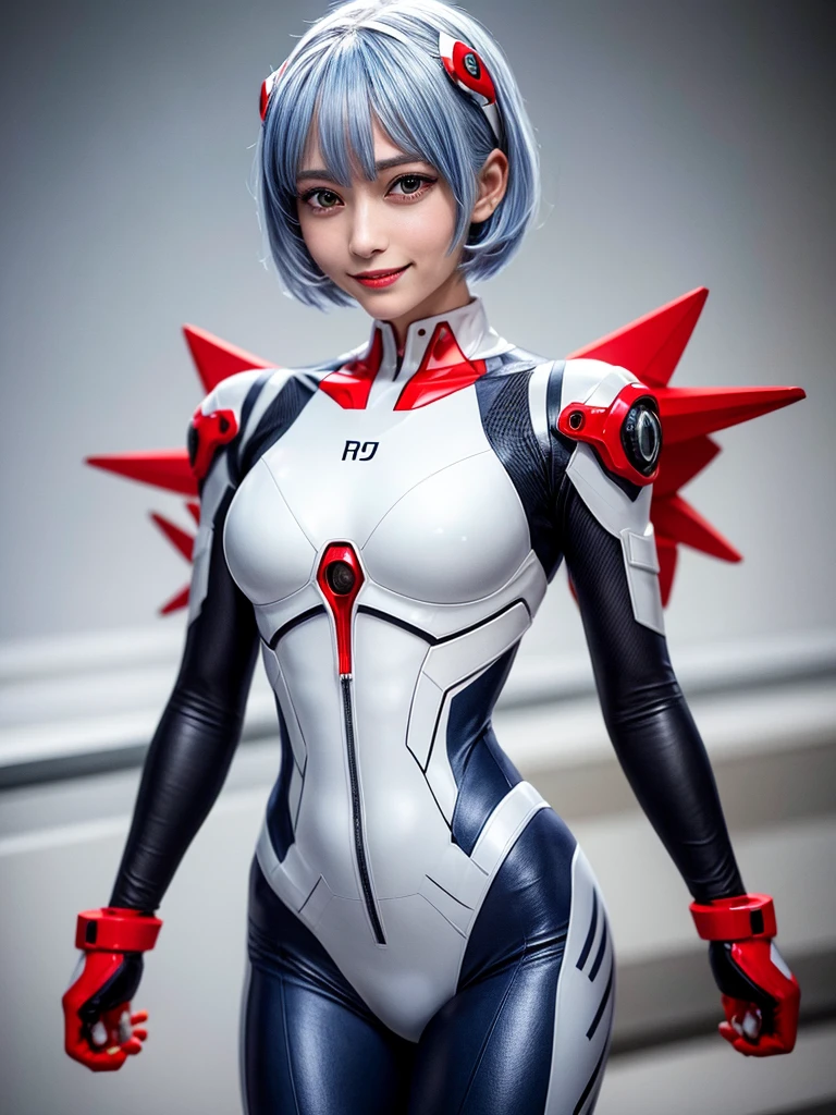 Masterpiece, highest quality, 8K, detailed skin texture, fine cloth texture, beautiful detailed face, intricate details, super detailed, portrait of Rei Ayanami, blue hair, red eyes, looking far away, no background, Evangelion Wearing a plug suit when riding, plug suit, whole body visible, standing, arms crossed, , beautiful, cute, great style, smiling