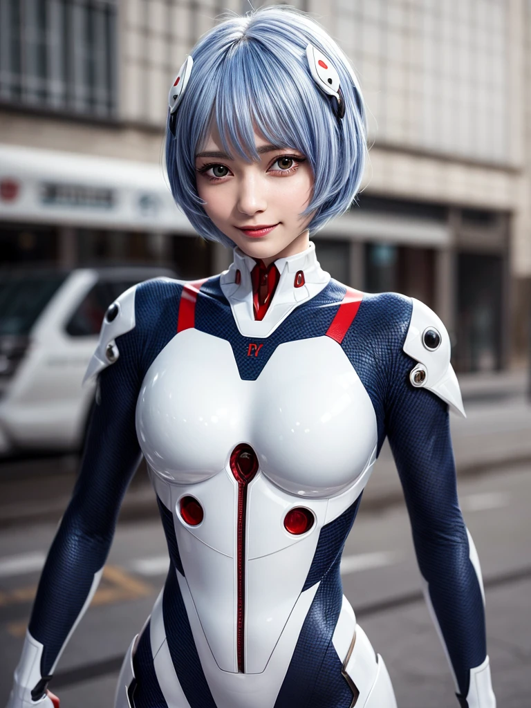 Masterpiece, highest quality, 8K, detailed skin texture, fine cloth texture, beautiful detailed face, intricate details, super detailed, portrait of Rei Ayanami, blue hair, red eyes, looking far away, no background, Evangelion Wearing a plug suit when riding, plug suit, whole body visible, standing, arms crossed, , beautiful, cute, great style, smiling