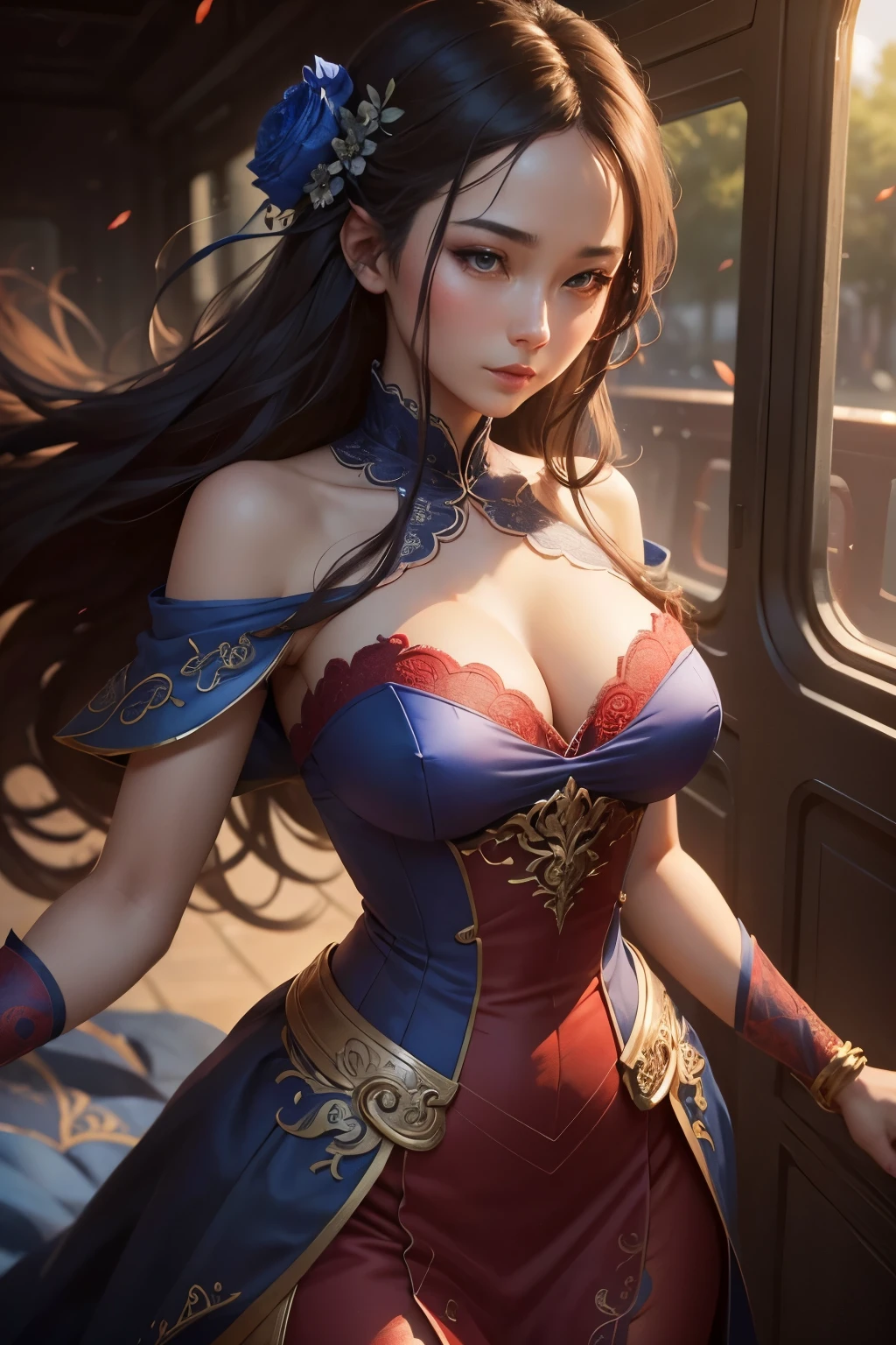 Close up of a woman in a captivating blue and red dress, the rich hues drawing the viewer's eye in, on Chengwei Pan's ArtStation. Yang J's high-detail fantasy art showcases her stunning character design, exquisitely depicted with intricate lines and bold textures. The beautiful evening wear features lace detailing and a flowing train, the fabric gently rustling in the wind. The fanart art station thrums with life as the woman is brought to life, her features sharp and detailed in this very detailed art germ. The digital anime art boasts an auto-s2 upscale, enhancing the already high-definition image, creating a vibrant and capt