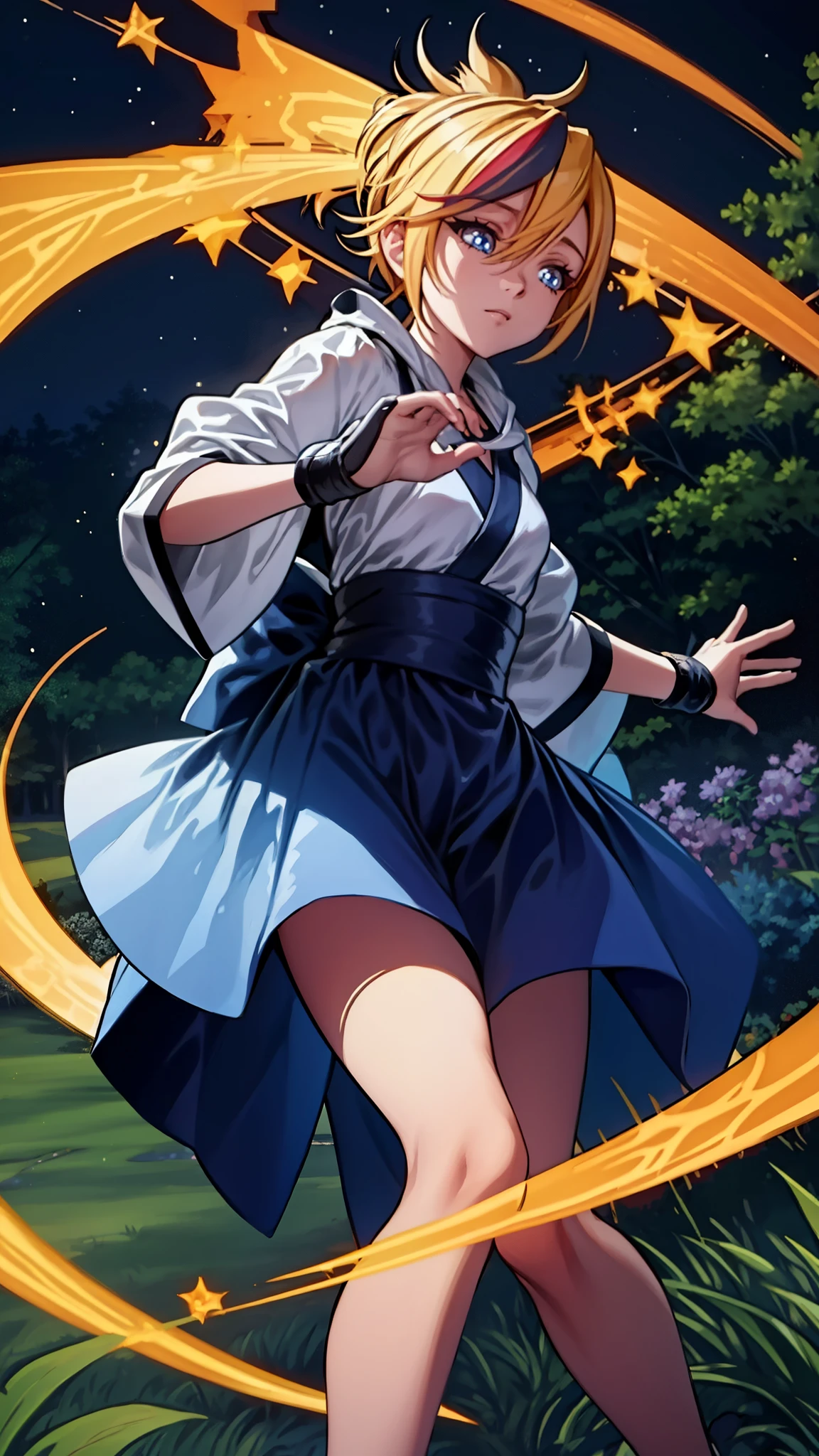 (best quality,ultra-detailed:1.2),ultra detailed face,ultra detailed hair,long eyelashes,glowing blue eyes,glowing lips,black and white and blue kimono,katana,cute pose,camping at night,standing pose,powerful instance,looking to the Sky,dark black hair,slender body,pale skin,peaceful expression,soft wind blowing,starlit night sky,subtle moonlight,tall grass,fireflies dancing in the air,tranquil atmosphere,serene ambiance,mysterious aura,deep feeling of tranquility,silhouette against the night sky,reflections on the water,ethereal charm,majestic presence,calming presence,mesmerizing beauty,graceful movements,dreamlike setting,whispers of nature,faint rustling of leaves,magical surroundings,unforgettable memories,radiating inner peace,vibrant colors,harmonious composition,intricate details,emotional depth,meticulous brushwork,sublime artistry,captivating realism,visual storytelling,immersive experience,unparalleled craftsmanship,lucid dreamscape