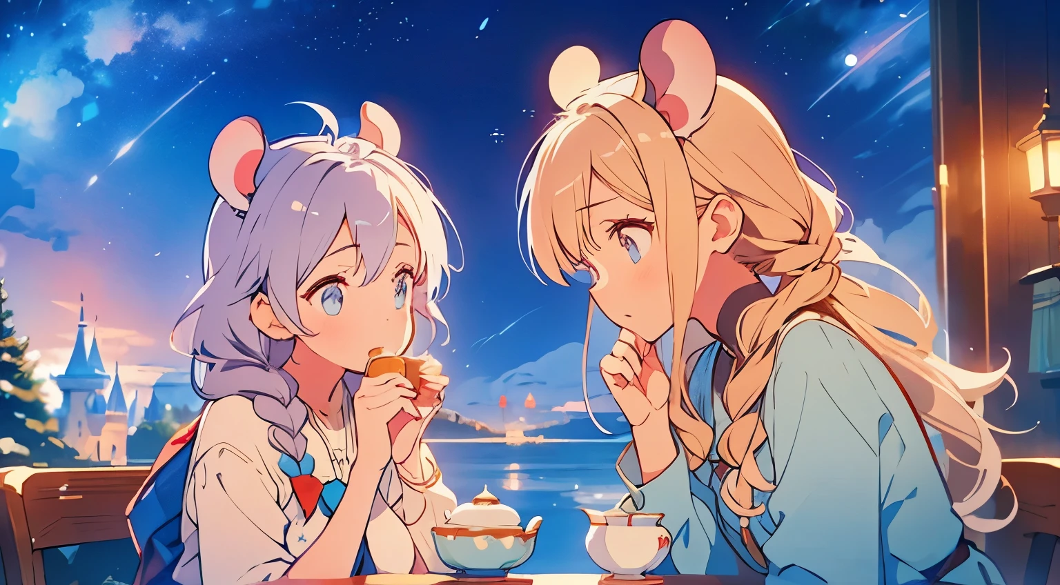 Two mouse-eared women、Elsa and Anna、simple clothes、tea time、starry sky