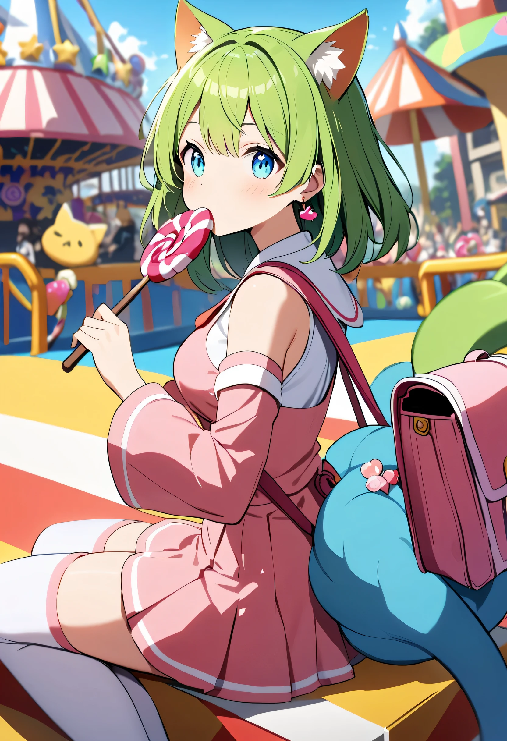 1 girl, deltamon_beta, alone, blue eyes, knee highs, animal ears, bare shoulders, blue tail, earrings, detached sleeve, green hair, sleeveless, cat ears, bag, white knee highs, cat tail, pink backpack, pink school bag, BREAK candy themed amusement park, big stick Young woman with candy in her mouth. BREAK Young woman holding a (large stick of candy: 1.3) at (candy-themed amusement park: 1.3).