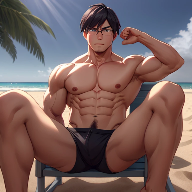 masterpiece, 3d, iidatenya, glasses, muscled, chilling at the beach, no shirt, abs