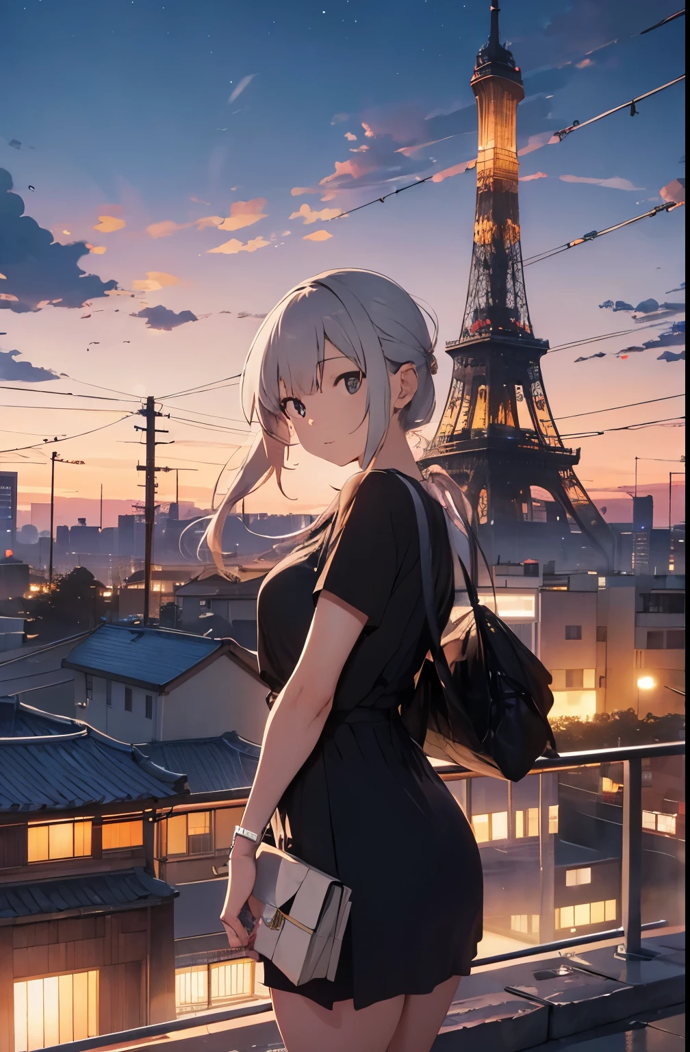The moment when golden hour turns to night、Tokyo rooftop view。The skyline is visible in the background。beautiful japanese woman、Please wear a black bikini swimsuit、Standing facing the camera。Her long silver hair is blowing in the breeze、The golden light creates a silhouette effect that surrounds her..。Behind her, the cherry blossoms are in full bloom..、It symbolizes the peaceful coexistence of city life and nature..。In the image、Tokyo Tower lights, moonlight, etc..、The silence and beauty of the night are emphasized..。Camera settings are in manual mode、The F-score is f2.range: 8 to F4、and shutter speed is 1/More than 250 seconds、ISO set to 100 or 200。