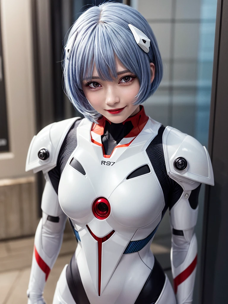 Masterpiece, highest quality, 8K, detailed skin texture, fine cloth texture, beautiful detailed face, intricate details, super detailed, portrait of Rei Ayanami, blue hair, red eyes, looking far away, no background, Evangelion Wearing a plug suit when riding, plug suit, whole body visible, standing, arms crossed, , beautiful, cute, great style, smiling