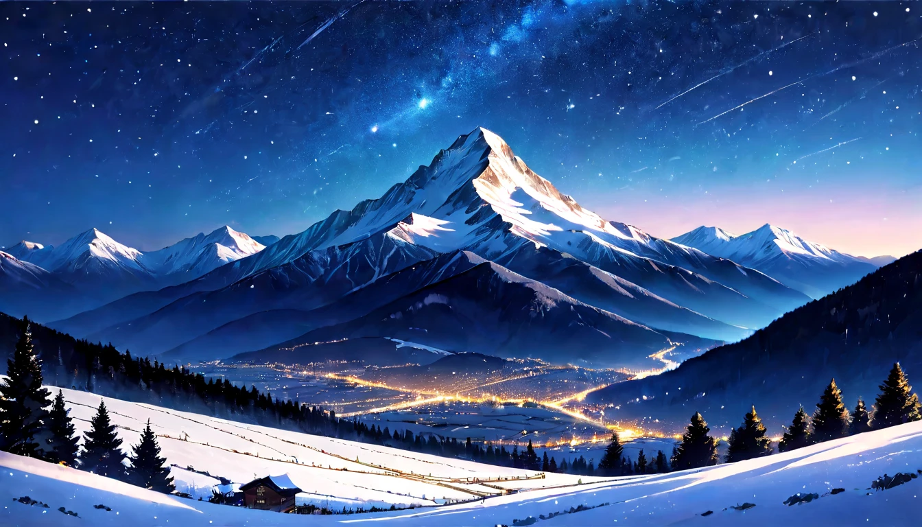(masterpiece, best quality, very aesthetic, absurdres,general),Landscape with twinkling stars at night, mountains visible in the distance, snow on the top of the mountain