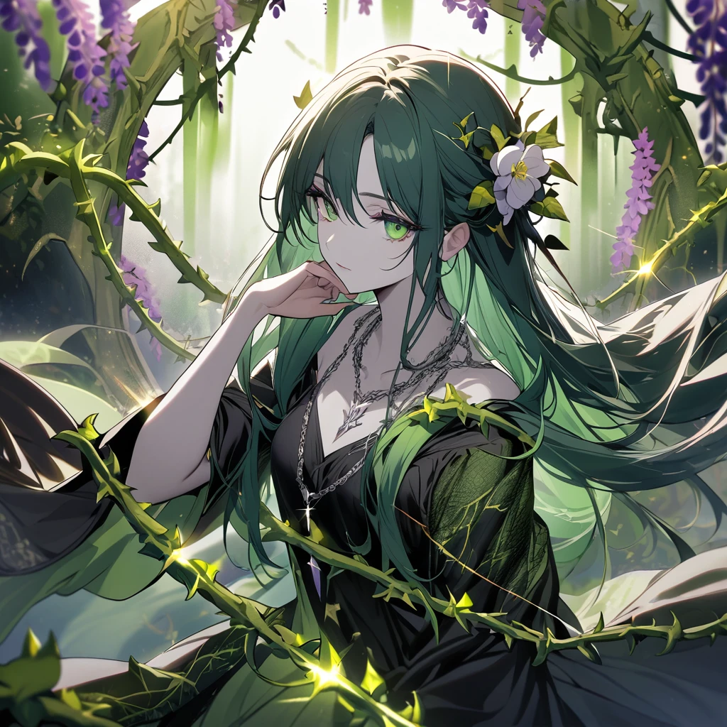 A young woman with an air of mystery, her gaze fixed confidently on the viewer, Long, flowing, emerald green hair, reminiscent of toxic plants, Eyes with flecks of gold, like the glint of a poisonous viper's eye, Delicate, pale skin, hinting at a connection to deadly toxins, A gown of midnight black, adorned with subtle silver embroidery of twisting, vines and thorns, Black fingerless gloves that reach past her elbows, hinting at her ability to handle poisons directly, A silver pendant in the shape of a nightshade flower hangs from a delicate chain around her neck, Vines of wisteria (both beautiful and poisonous) weave through her hair or drape around her arm, A faint green mist surrounds her hands, hinting at the presence of toxins.