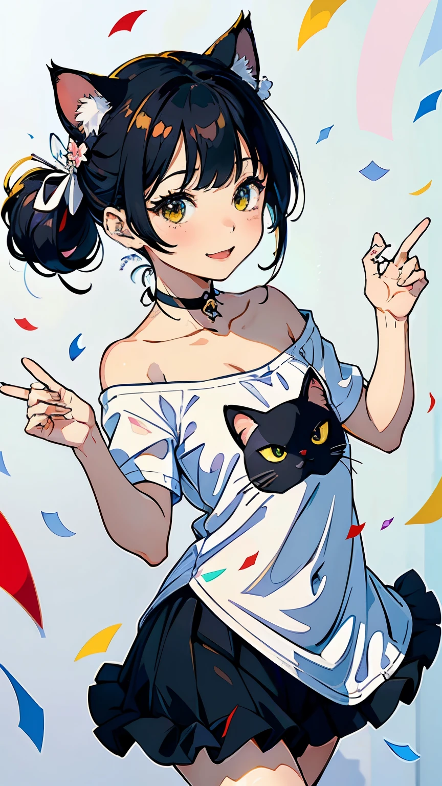 (highest quality, masterpiece, High resolution)、(anime art)、cinematic light、soft light、(1 girl)、black hair、Black cat costume、White Cat Costume、Tabby cat costume、Striped cat costume、Persian Cat Costume、3-color cat costume、(loose t-shirt)、loose shirt、off shoulder、sexy mini dress、(Cat ear)、bob cut、semi-long、bun hair、hair ornaments、choker、Cute face details、enchanting smile、small breasts、whole body、(cat pose)、((sexy gesture))、beckoning、playing、dance、Cat jarashi、((confetti、ribbon、petal、candy、is dancing in the air、Crackers popping、))、((white background))、