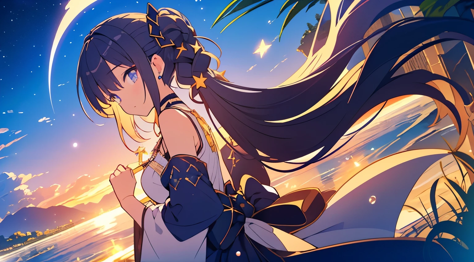 girl, Located in the corner, looking at the null, alone, Mona (genshin impact), choker, hair between eyes, star (symbol), long hair, dark purple hair, twin tails, blue eyes, shining eyes, jewelry, witch, maid, bangs, purple black dress, purple skirt, white apron, landscape, night null, star (null), starry null, night, outdoor, cloud, reflection, water, magic, tarot, water magic, ((beautiful golden crystal star)),  null間, water droplets, splash