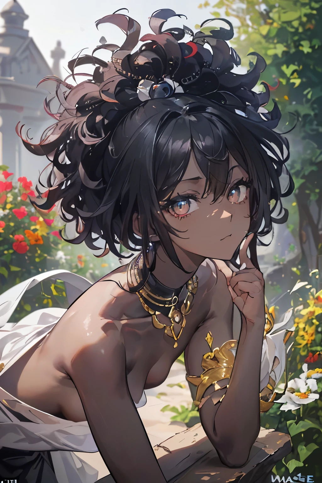 black woman, in garden by a medieval fountain, with a detailed background, ((best quality)), ((masterpie(RAW shooting, Photoreal:1.5, 8K, highest quality, masterpiece, ultra high resolution), perfect dynamic composition:1.2, Highly detailed skin and facial textures:1.3, ( expression of happiness:0.9, (Slim black african woman, cowboy shot, (dark skin:1.2, sexy beauty:1.1, perfect style:1.2, beautiful and aesthetic:1.1, very beautiful face:1.2), afro hair:1.3), (Medium chest, topless, exposed breasts, Chest gap, thigh gap), Eyes that feel beautiful eros:0.7, Too erotic:0.7, Bewitching:0.7, hand and finger expressions, (detailed), perfect face