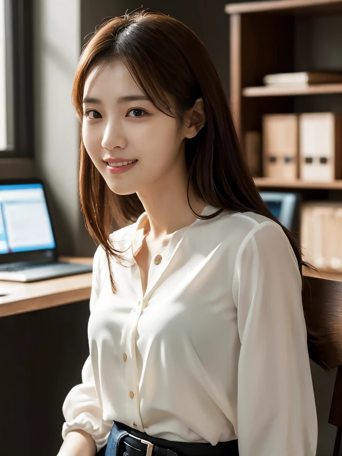 success as a freelancer、A woman smiling while looking at a computer screen。Clothes are office casual。Have a PC