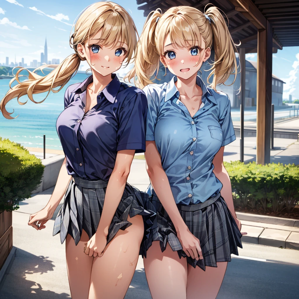 (masterpiece:1.3, highest quality, ultra high resolution, super detailed), (realistic:1.1, photorealistic:1.4), beautiful illustrations, perfect lighting, colorful, Depth of the bounds written,
beautiful fine hair, beautiful and detailed face, detailed and beautiful eyes, beautiful clavicle, beautiful body, beautiful breasts, beautiful thighs, beautiful feet, beautiful fingers,
looking at the viewer, 1 girl, Japanese, high school girl, perfect face, (perfect anatomy, anatomically correct), Cute symmetrical face, baby face, ((sunburn)), shiny skin,
(middle hair:1.5, twin tails:1.2, blonde hair), asymmetrical bangs, blue eyes, long eyelash, (medium breasts), thin,
((collared short sleeve shirt, light blue shirt, , Grey plaid pleated skirt, navy them)), light blue panties,
(beautiful scenery), evening, (outdoor, distant cityscape), Are standing, (peace sign), (cute smile, upper eye, open your mouth), surprised face:1.4、The wind is blowing:1.4
