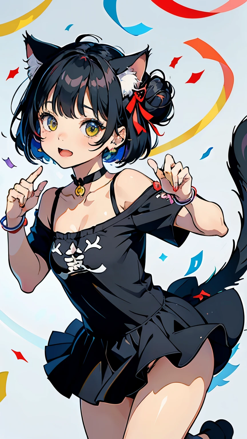 (highest quality, masterpiece, High resolution)、(anime art)、cinematic light、soft light、(1 girl)、black hair、Black cat costume、White Cat Costume、Tabby cat costume、Striped cat costume、Persian Cat Costume、3-color cat costume、(loose t-shirt)、loose shirt、off shoulder、sexy mini dress、(Cat ear)、bob cut、semi-long、bun hair、hair ornaments、choker、Cute face details、enchanting smile、small breasts、whole body、(cat pose)、((sexy gesture))、beckoning、playing、dance、Cat jarashi、((confetti、ribbon、petal、candy、is dancing in the air、Crackers popping、))、((white background))、