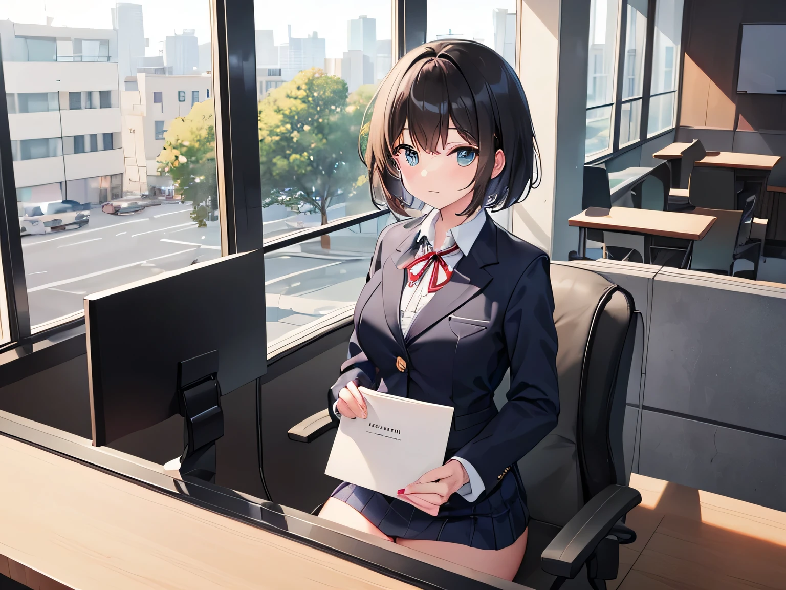 (masterpiece、highest quality、High resolution、realistic pictures、real looking skin:1.1)、
(The company&#39;s receptionist is working while sitting politely in the office chair at the reception desk.:1.8)、
(She has a troubled look:1.5)、
(She is wearing a light blue reception blazer and mini skirt set.:1.8)、
(She is wearing black high heels:1.5)、
(Since I&#39;m working at the reception desk, I have my shirt buttoned up to the first button, a ribbon around my neck, and all the buttons on my blazer are fastened.:1.8)、
(black short hair:1.5)、
(Location: General Reception Center reception desk:1.5)、
1 Japanese girl、solo、full body esbian、beautiful eyes、shining eyes、Shining thighs、NSFW