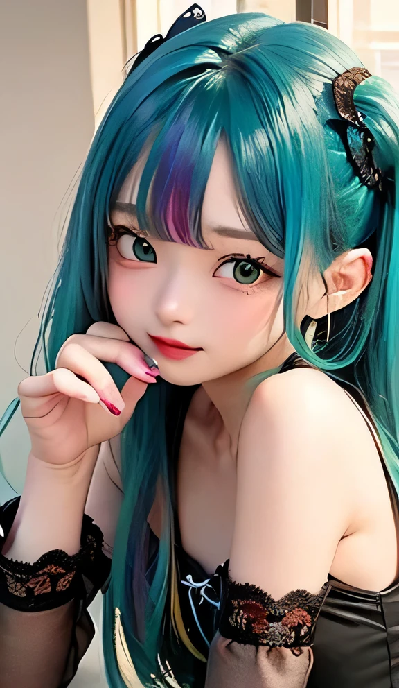 small face、Big chest、 (alone:1.5,)Super detailed,bright colors, very beautiful detailed anime face and eyes, look straight,  shiny_skin,girl, (((rainbow colored hair, colorful hair, Half red、Half emerald green hair: 1.2))), 、shiny hair, delicate beautiful face, blush、Glasses、(turquoise eyes), , Valletta, earrings,、flower garden、sunset、(（(black color、See-through、sexy、Sailor Leotard、Lace mini skirt,Translucent shirt)))、（twin tails）、smile、happy face、face dyed red、cheerful pose、dynamic、Hotel、study room