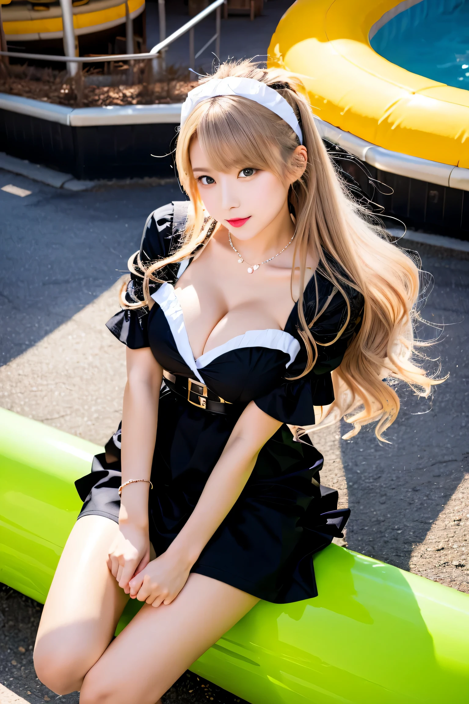 A young woman holding a large candy in a candy-themed amusement park, avoiding sensitive expressions.. BREAK A young woman holding a large stick of candy in a candy-themed amusement park.BREAK ((upturned eyes)),((Angle from above:1.3)),from above、Looking at camera, BREAK (gyaru:1.1),(torpedo gigantic breasts, cleavage),(Glamour:1. 3),(maid ,Racing Model:1.3),