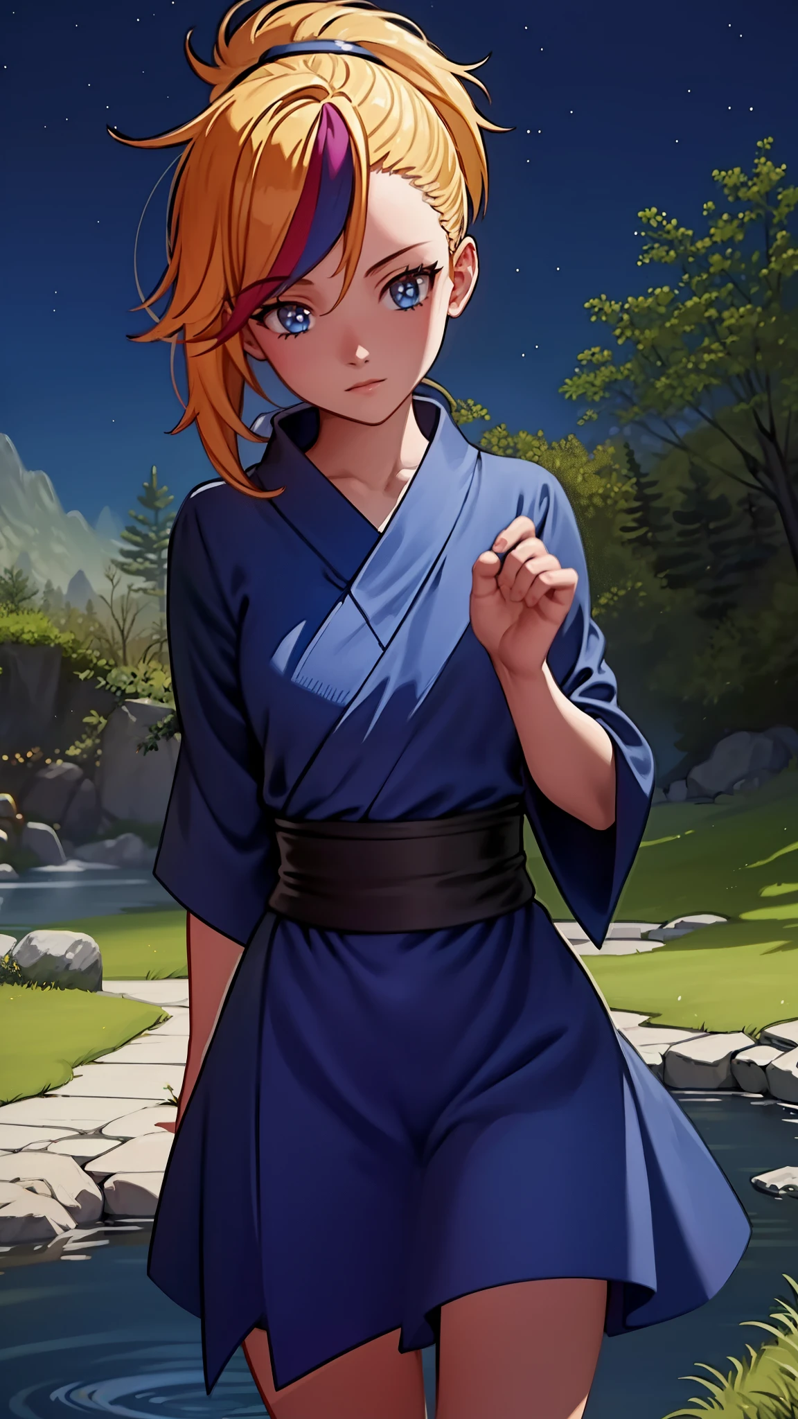 (best quality,ultra-detailed:1.2),ultra detailed face,ultra detailed hair,long eyelashes,glowing blue eyes,glowing lips,black and white and blue kimono,katana,cute pose,camping at night,standing pose,powerful instance,looking to the Sky,dark black hair,slender body,pale skin,peaceful expression,soft wind blowing,starlit night sky,subtle moonlight,tall grass,fireflies dancing in the air,tranquil atmosphere,serene ambiance,mysterious aura,deep feeling of tranquility,silhouette against the night sky,reflections on the water,ethereal charm,majestic presence,calming presence,mesmerizing beauty,graceful movements,dreamlike setting,whispers of nature,faint rustling of leaves,magical surroundings,unforgettable memories,radiating inner peace,vibrant colors,harmonious composition,intricate details,emotional depth,meticulous brushwork,sublime artistry,captivating realism,visual storytelling,immersive experience,unparalleled craftsmanship,lucid dreamscape