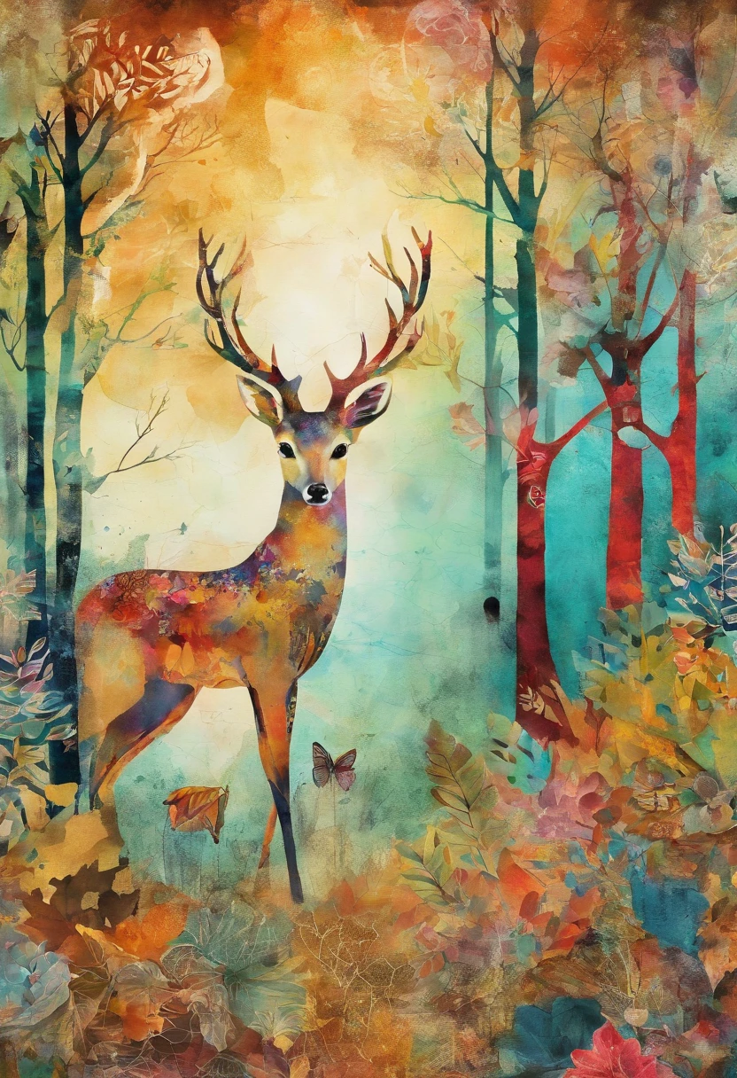 un faon courant, forest ::2 colorful ink painting ::2 art fantasy