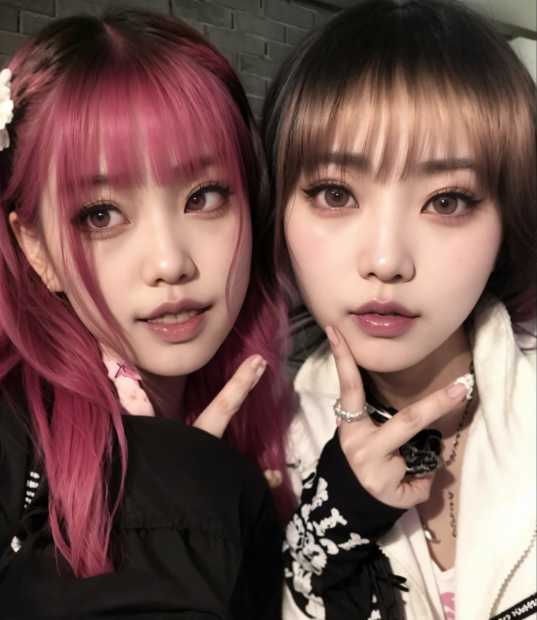 two asian girls with pink hair posing for a picture, yoshitomo nara and aya takano, pixivs and junji ito, ulzzang, nixeu and sakimichan, harajuku hair, ayami kojima and lyde caldwell, the hime cut, lalisa manobal, fairycore, with pink hair, creepy kawaii