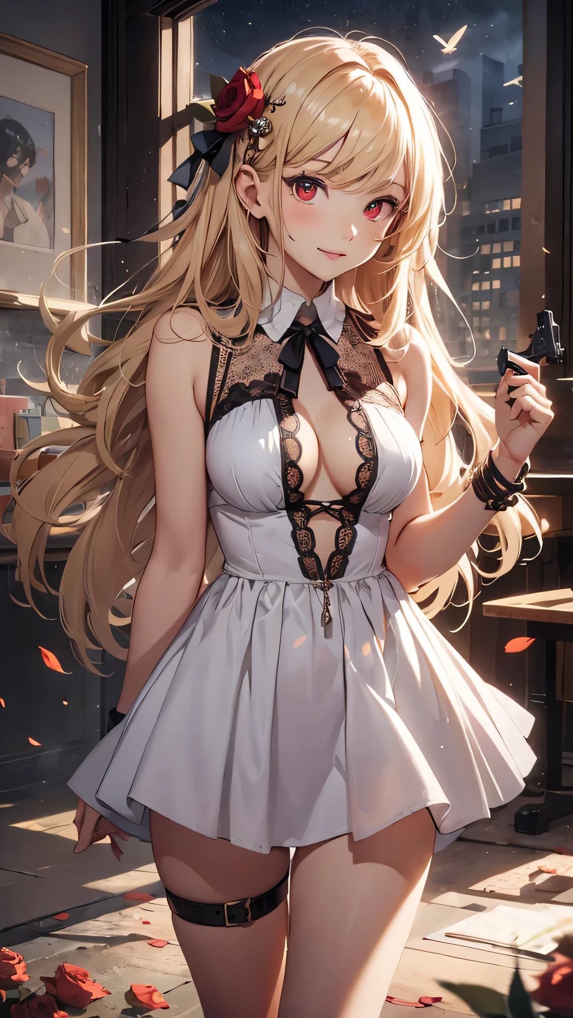 最high quality、best image quality、masterpiece、girl((18-year-old、 By becoming、vest bust、medium bust,wide open breast tea、red glowing eyes, blonde、messy hair、long hair、thin,highest valley、Show the whole body、white dress、open chest、White wristband、red shoes、sexy、smile、Leaning forward、rose hair ornament、Holding a handgun、Whole body return blood)),high quality、beautiful art、background((In the office at night))、Flight、debris flies、Depth of written boundary、movie、visual art、perfect art、8K,genuine、