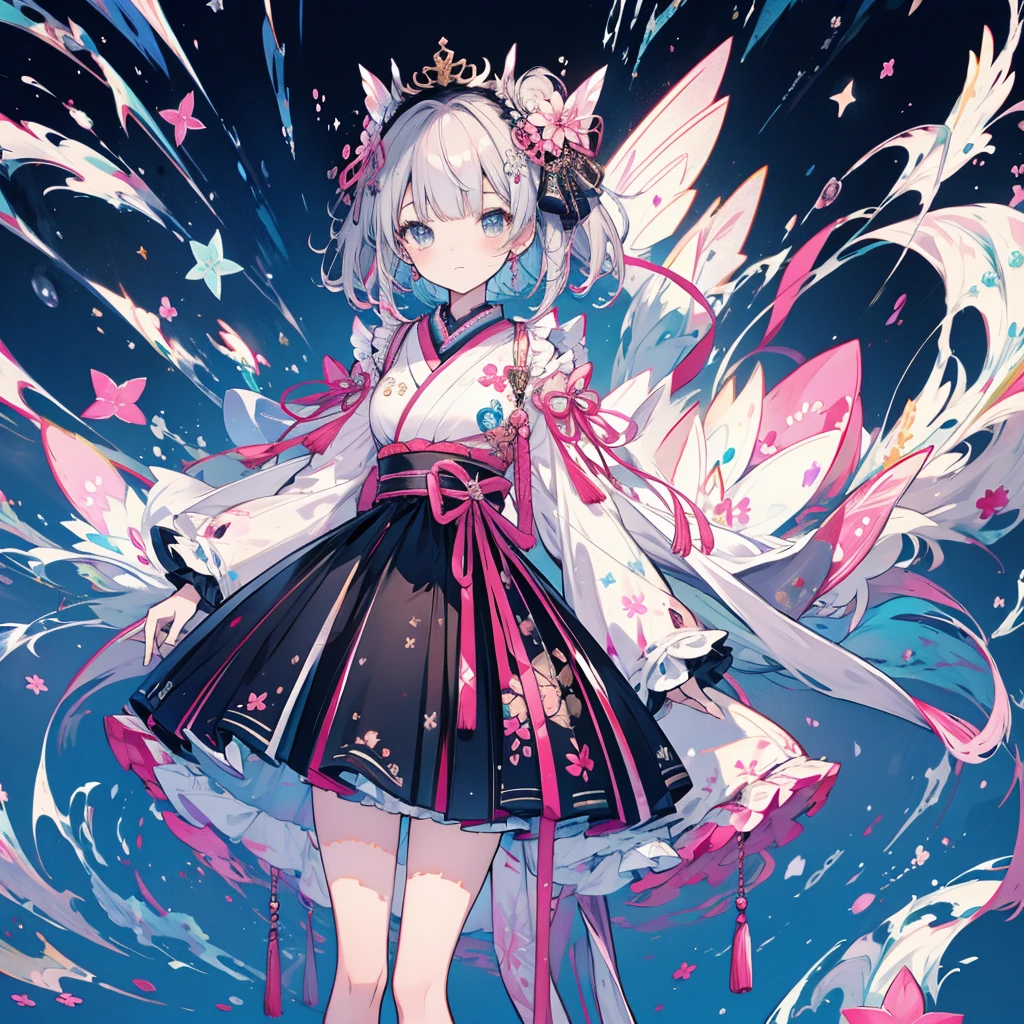 highest quality、8K,handsome face、vtuber-halfbody、A picture of the front straight towards the viewer、Star Fairy、Full body front portrait、front、1girl,highest quality、masterpiece、official art、Super detailed、super beautiful、Cute Star Fairy、gray short hair、Milky Way、universe、star charm、star、baby face、Knee-high boots、Japanese pattern dress、A beautiful girl wearing black and white clothes that are a remake of a yukata.、Oiran frill dress reminiscent of universe、belly button、pleated mini skirt、