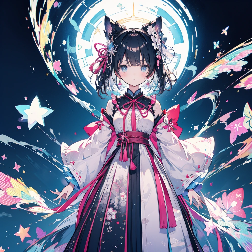 highest quality、８K,handsome face、vtuber-halfbody、A picture of the front straight towards the viewer、Star Fairy、Full body front portrait、front、1girl,highest quality、masterpiece、official art、Super detailed、super beautiful、Cute Star Fairy、gray short hair、Milky Way、universe、star charm、star、baby face、Knee-high boots、Japanese pattern dress、A beautiful girl wearing black and white clothes that are a remake of a yukata.、Oiran frill dress reminiscent of universe、belly button、pleated mini skirt、