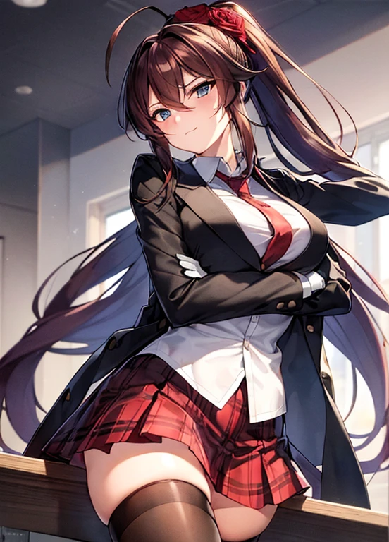 masterpiece, best quality, ultra-detailed, illustration, warm lighting, bright colors, 1girl,solo, long hair, very long hair, chifuyu, crossed arms, amused, sitting, office, office work,

action, ahoge, bangs, black_jacket, blue_eyes, breasts, brown_hair, brown_vest, buttons, closed_mouth, collared_shirt, double-breasted, dress_shirt, flower, gloves, hair_between_eyes, hair_flower, hair_ornament, hair_over_eyes, jacket, light_particles, long_sleeves, looking_at_viewer, necktie, plaid, plaid_skirt, pleated_skirt, ponytail, red_flower, red_necktie, red_rose, red_skirt, rose, shirt, skirt, thighhighs, vest, weapon, white_shirt, zettai_ryouiki