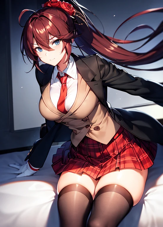 masterpiece, best quality, ultra-detailed, illustration, warm lighting, bright colors, 1girl,solo, long hair, very long hair, chifuyu, crossed arms, amused, sitting, office, office work,

action, ahoge, bangs, black_jacket, blue_eyes, breasts, brown_hair, brown_vest, buttons, closed_mouth, collared_shirt, double-breasted, dress_shirt, flower, gloves, hair_between_eyes, hair_flower, hair_ornament, hair_over_eyes, jacket, light_particles, long_sleeves, looking_at_viewer, necktie, plaid, plaid_skirt, pleated_skirt, ponytail, red_flower, red_necktie, red_rose, red_skirt, rose, shirt, skirt, thighhighs, vest, weapon, white_shirt, zettai_ryouiki