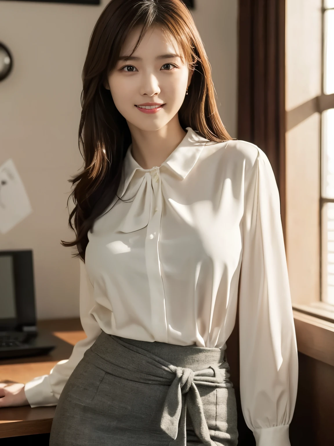 1 girl, (wearing a white blouse:1.2), short skirt, beautiful japanese actress,
(RAW photo, highest quality), (realistic, Photoreal:1.4), masterpiece,
very delicate and beautiful, very detailed, 4k wallpaper, wonderful,
finely, very detailed CG Unity 8k wallpaper, Super detailed, High resolution,
soft light, beautiful detailed girl, very detailed目と顔, beautifully detailed nose, beautiful and detailed eyes, cinematic lighting,
break,
(in office, computer desk1.3),
perfect anatomy, smiling, fully facing front, (looking at camera), (waist shot), large breasts