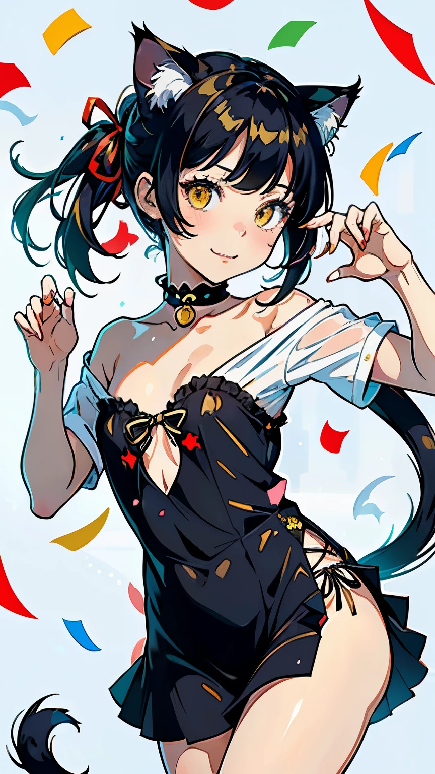 (highest quality, masterpiece, High resolution)、(anime art)、cinematic light、soft light、(1 girl)、black hair、Black cat costume、White Cat Costume、Tabby cat costume、Striped cat costume、Persian Cat Costume、3-color cat costume、(loose t-shirt)、loose shirt、off shoulder、sexy mini dress、(Cat ear)、bob cut、semi-long、bun hair、hair ornaments、choker、Cute face details、enchanting smile、small breasts、whole body、(cat pose)、((sexy gesture))、beckoning、playing、dance、Cat jarashi、((confetti、ribbon、petal、candy、is dancing in the air、Crackers popping、))、((white background))、