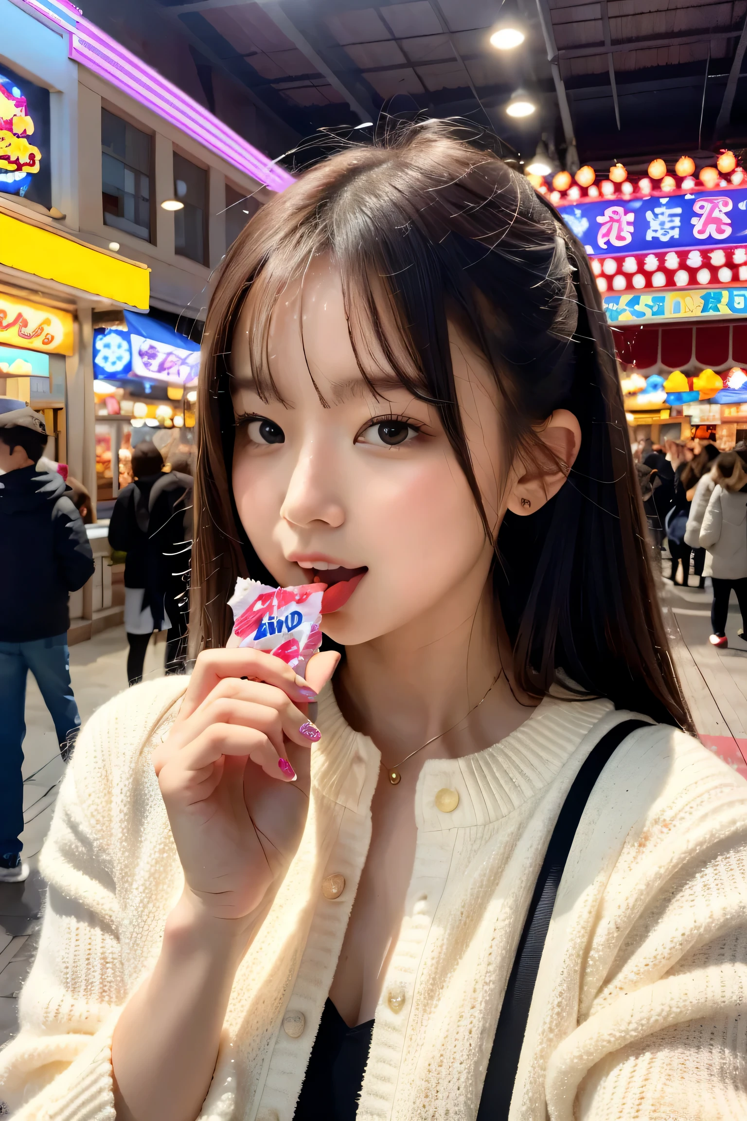 (8K, RAW photo, highest quality masterpiece: 1.2),A young woman holding a large piece of candy in a candy-themed amusement park. She is holding a large candy in her mouth while sticking out her tongue. She drools.