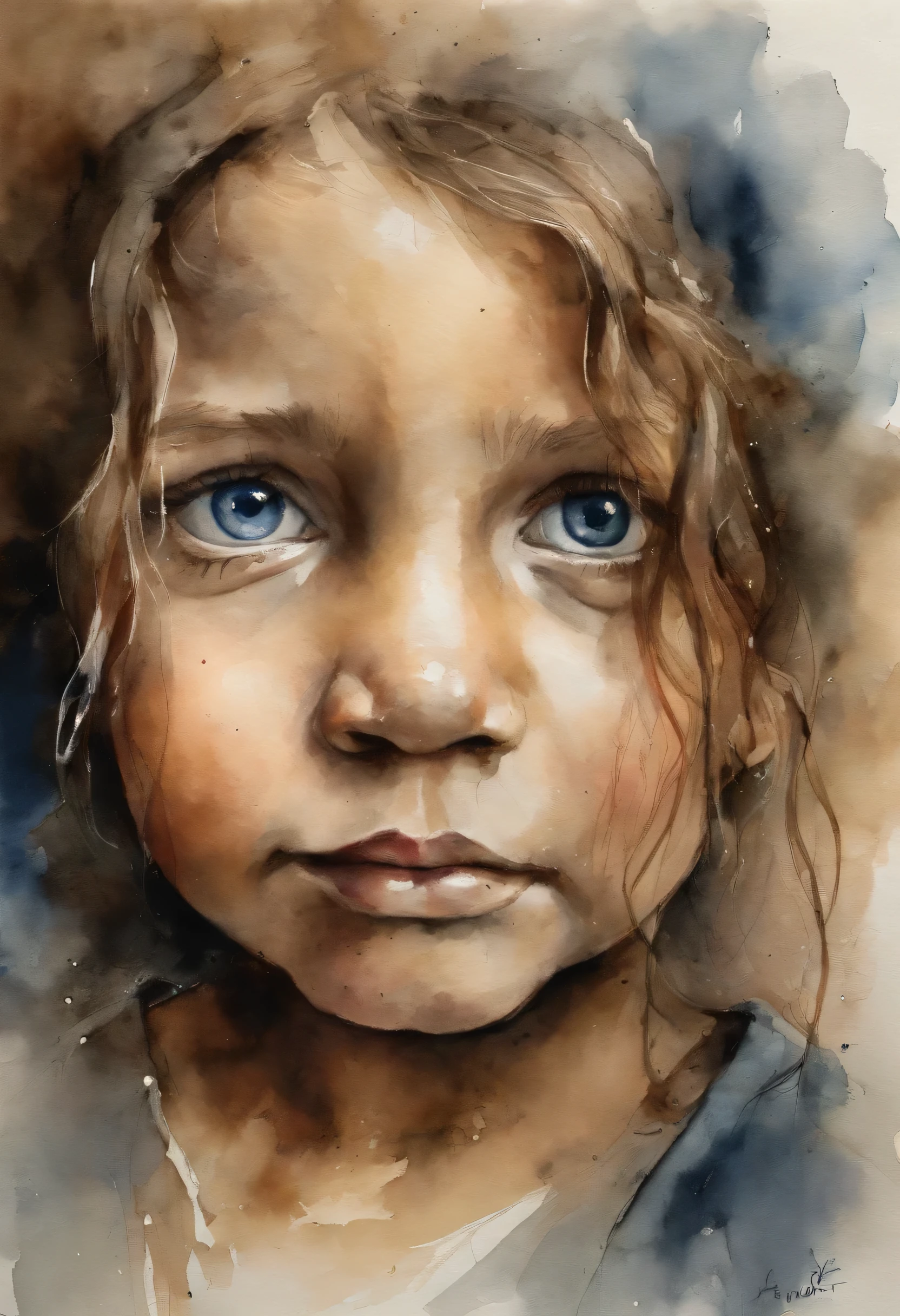 A little girl frightened by war, Big face，Covering my eyes with my hands，Big tears flowed from the corners of my eyes，Eyes full of fear，Fear，((cry)),((frightened))，panic，helpless，((Dirty face))，((Very dirty))，((exhausted)),((Sleepy)),Large close-up of the face，blue eyes，Renoir，Dynamic lights，art station，poster，Three-dimensional backlight，Very rich facial details.Dull eyes，The background is full of smoke and fire，4k。Brown-black background