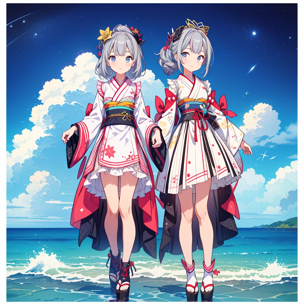 highest quality、8K,handsome face、vtuber-halfbody、A picture of the front straight towards the viewer、Star Fairy、Full body front portrait、front、1girl,highest quality、masterpiece、official art、Super detailed、super beautiful、Cute Star Fairy、Gray hair straight lショートヘア、Milky Way、universe、star charm、star、baby face、Knee-high boots、Japanese pattern dress、A beautiful girl wearing black and white clothes that are a remake of a yukata.、Oiran frill dress reminiscent of universe、
