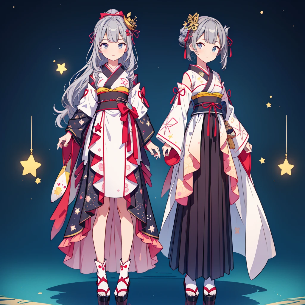highest quality、8K,handsome face、vtuber-halfbody、A picture of the front straight towards the viewer、Star Fairy、Full body front portrait、front、1girl,highest quality、masterpiece、official art、Super detailed、super beautiful、Cute Star Fairy、Gray hair straight lショートヘア、Milky Way、universe、star charm、star、baby face、Knee-high boots、Japanese pattern dress、A beautiful girl wearing black and white clothes that are a remake of a yukata.、Oiran frill dress reminiscent of universe、