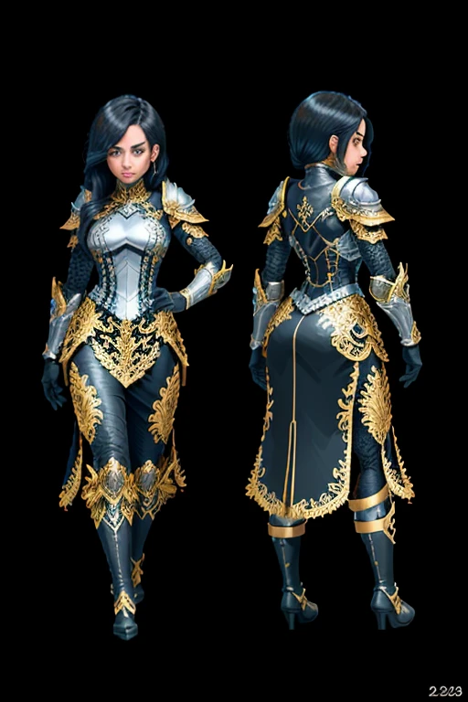 (multiple views, face, full back,full body,ultra quality,high detailed,intricate:1.1) a female human knight wearing armor, (no weapon), dark background, (dramatic lighting:1.1)