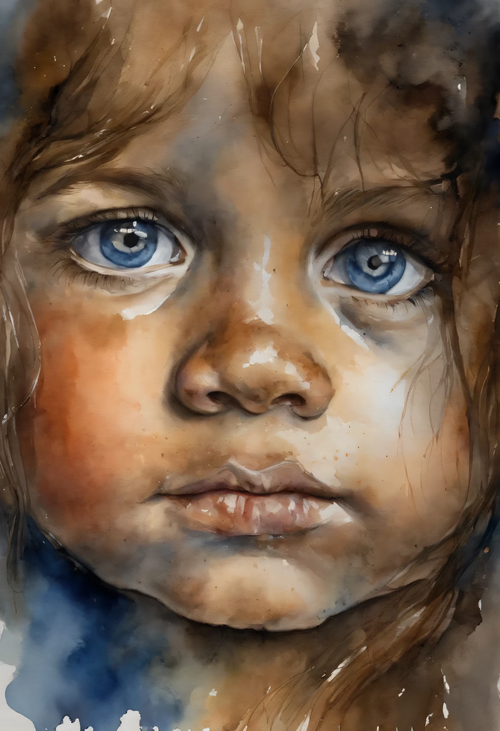 A little girl frightened by war, Big face,Covering my eyes with my hands,Big tears flowed from the corners of my eyes,Eyes full of fear,Fear,((cry)),((frightened)),panic,helpless,((Dirty face)),((Very dirty)),((exhausted)),((Sleepy)),Large close-up of the face,blue eyes,Renoir,Dynamic lights,art station,poster,Three-dimensional backlight,Very rich facial details.Dull eyes,The background is full of smoke and fire,4k。Brown-black background