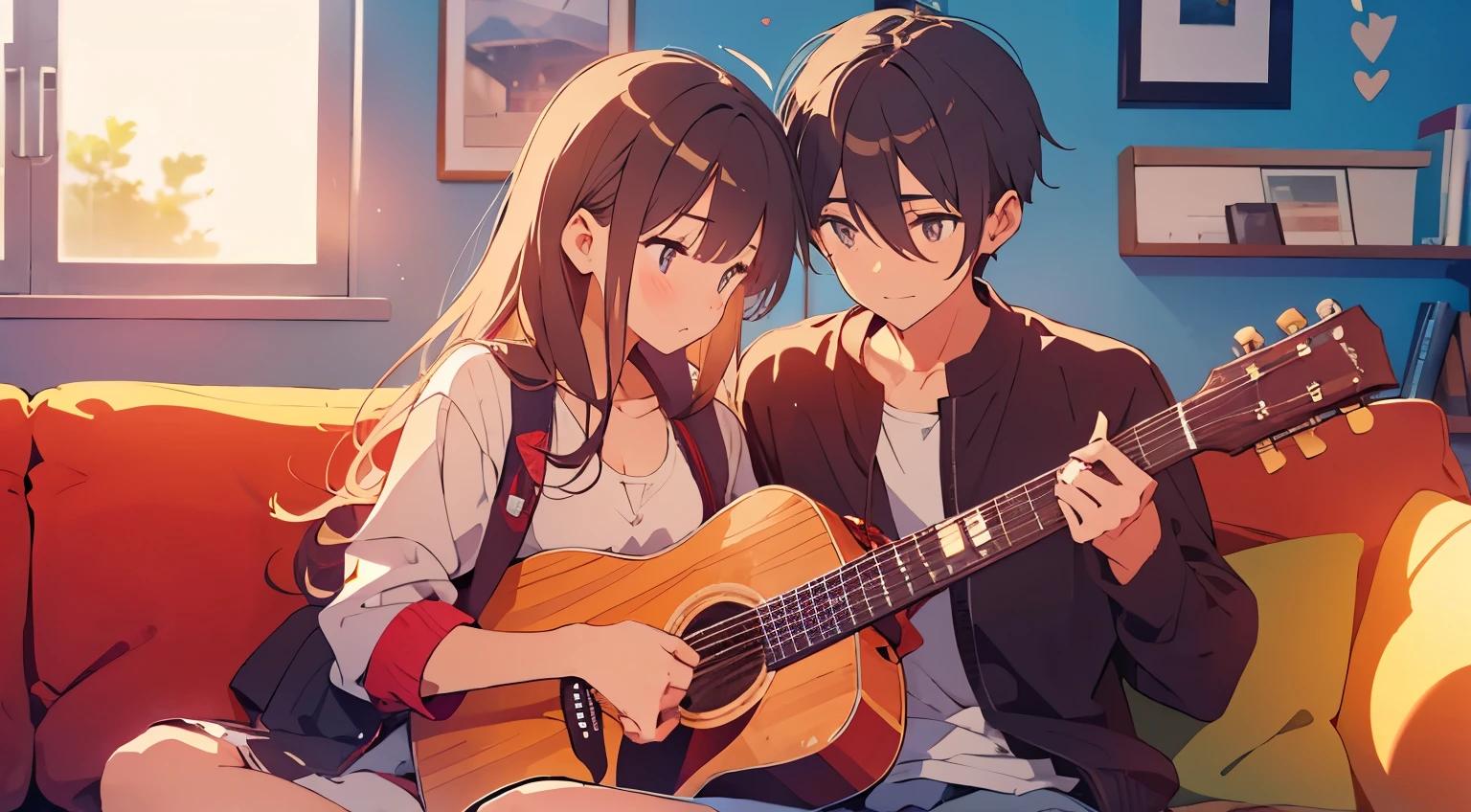 couple in love, on the sofa, playing the acoustic guitar