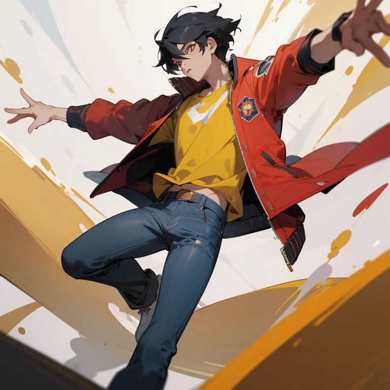 ((highest quality)), ((masterpiece)), (be familiar with), anime,youth,male,black hair,hair standing on end,Triumphant look,jeans,red jacket,yellow t-shirt,action,regent