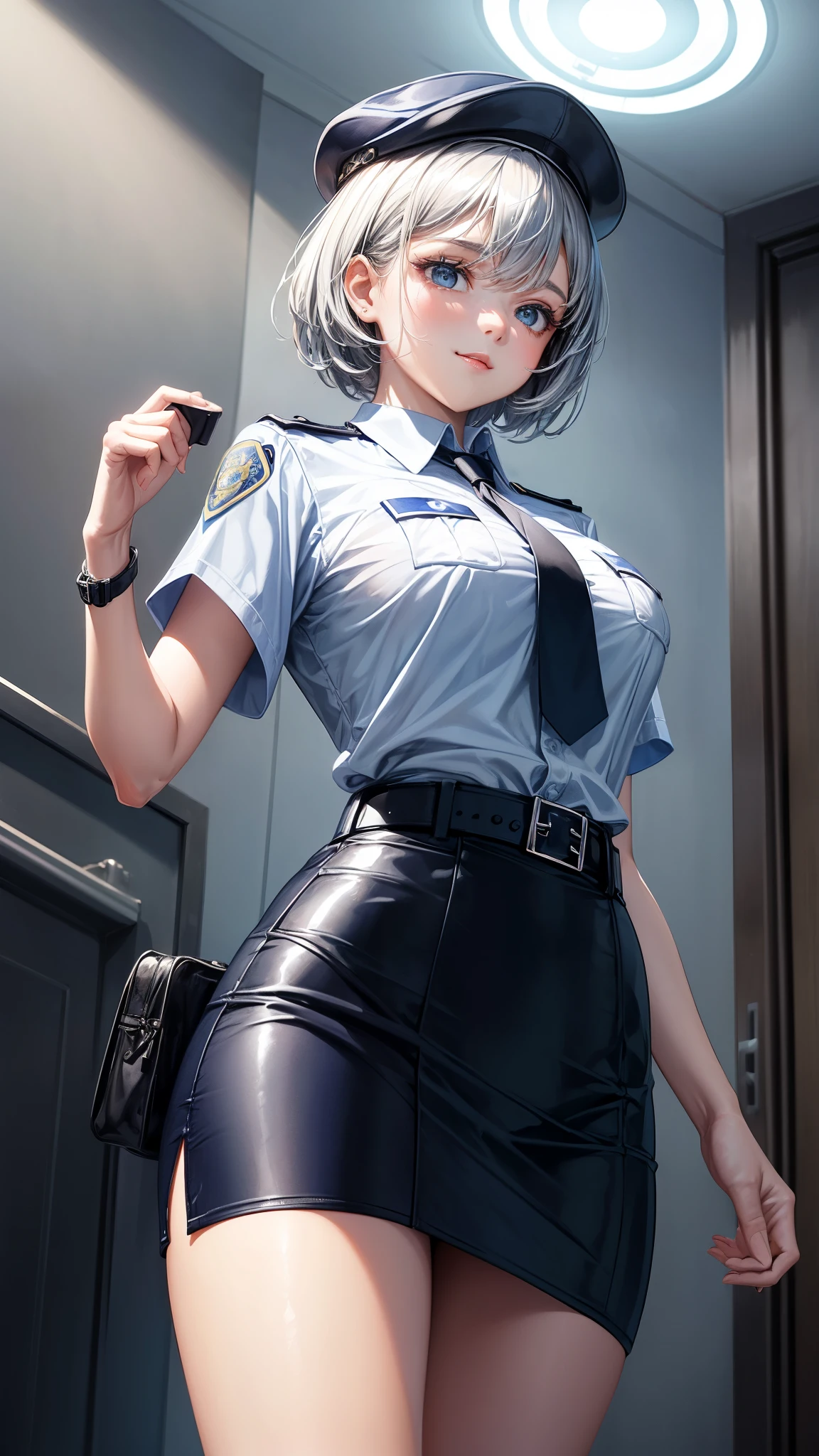 highest quality, masterpiece,  1 girl, light smile, dramatic lighting, from below、police uniform、Light blue short sleeve shirt、black tie、police officer hat、navy blue mini skirt、Police Belt、watch、cleavage、silver short hair、Miniskirt Police、skyscraper