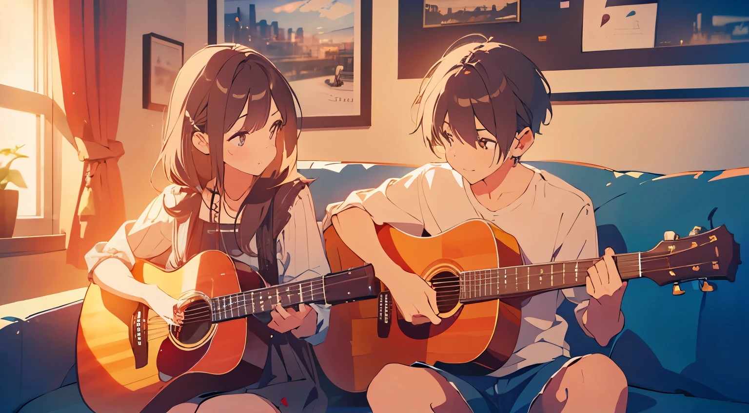 couple in love, on the sofa, playing the acoustic guitar