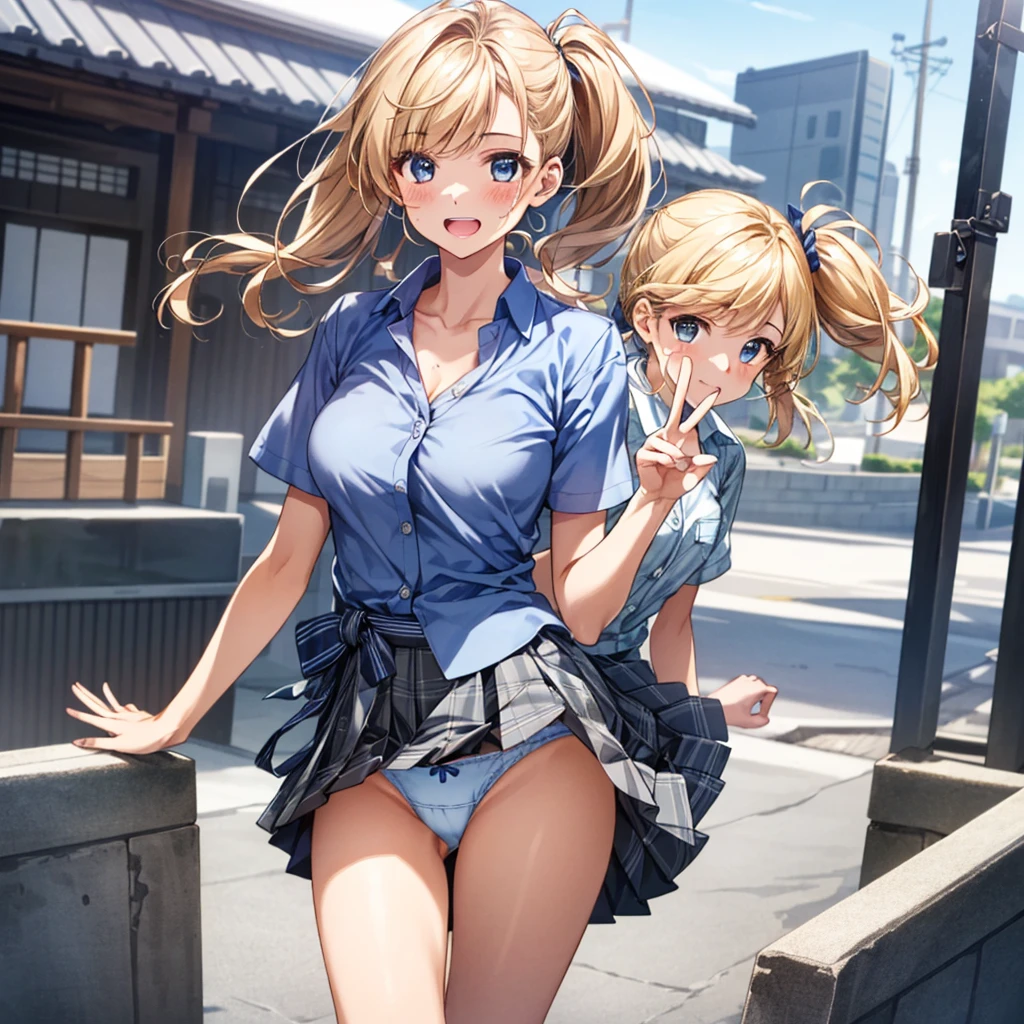 (masterpiece:1.3, highest quality, ultra high resolution, super detailed), (realistic:1.1, photorealistic:1.4), beautiful illustrations, perfect lighting, colorful, Depth of the bounds written, 
beautiful fine hair, beautiful and detailed face, detailed and beautiful eyes, beautiful clavicle, beautiful body, beautiful breasts, beautiful thighs, beautiful feet, beautiful fingers, 
looking at the viewer, 1 girl, Japanese, high school girl, perfect face, (perfect anatomy, anatomically correct), Cute symmetrical face, baby face, sunburn, shiny skin, 
(middle hair:1.5, twin tails:1.2, blonde hair), asymmetrical bangs, blue eyes, long eyelash, (medium breasts), thin, 
((collared short sleeve shirt, light blue shirt, , Grey plaid pleated skirt, navy them)), light blue panties, 
(beautiful scenery), evening, (outdoor, distant cityscape), Are standing, (peace sign), (cute smile, upper eye, open your mouth), surprised face:1.8、The wind is blowing:1.8