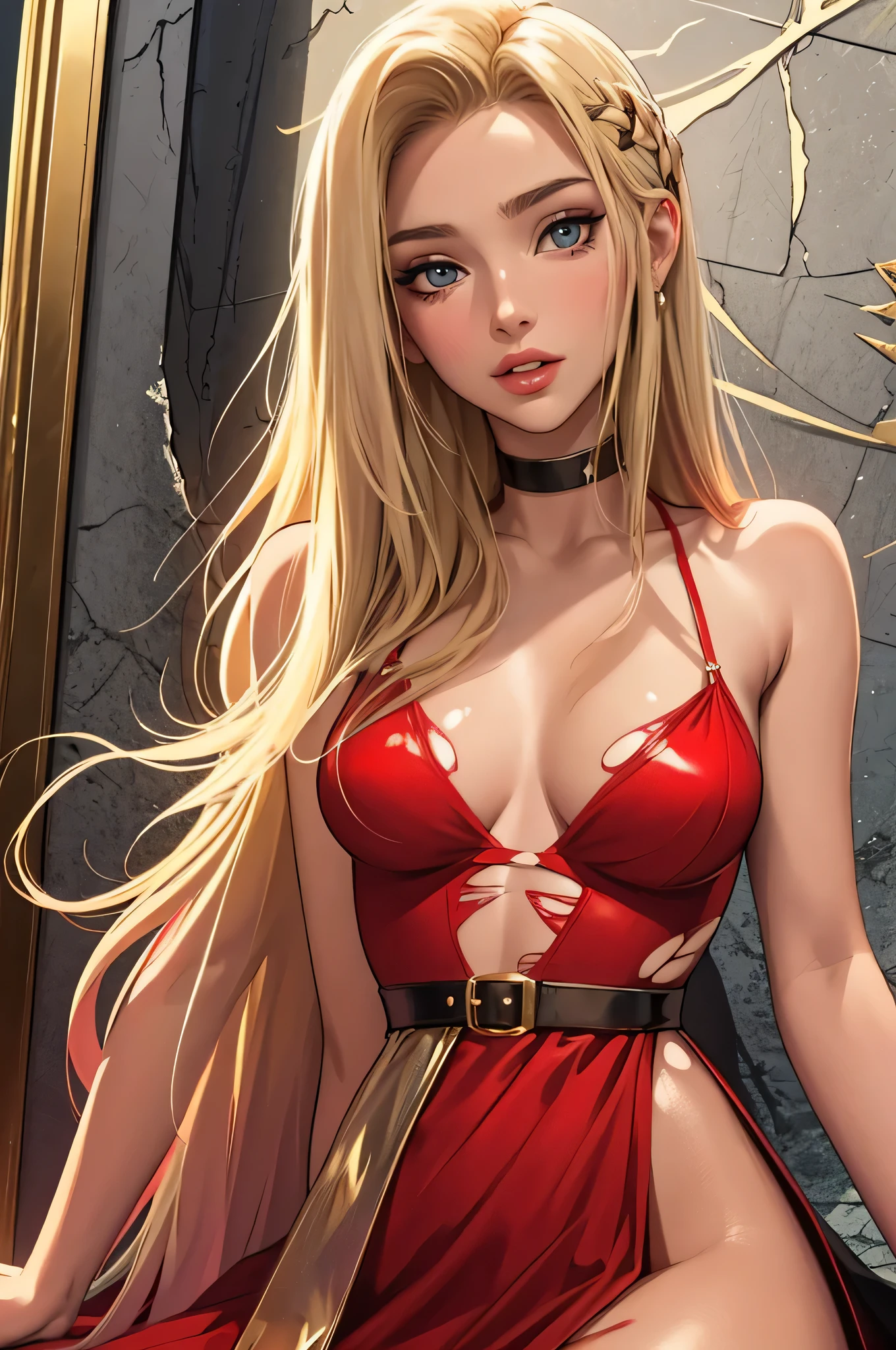 (masterpiece, top quality, best quality, official art, beautiful and aesthetic:1.2), young (1girl:1.3), (wearing torn red dress:1.3), (blonde:1.3) hair, long hair, (colorful eyes:1.3), extremely detailed, colorful, (highly detailed CG illustration), (looking at viewer), cinematic light, solo, half body, (character focus), ),Cath, extravagant makeup, full lips, sexy pose, clothes ASIDE , used condoms, partially naked, shiny skin, red lingerie