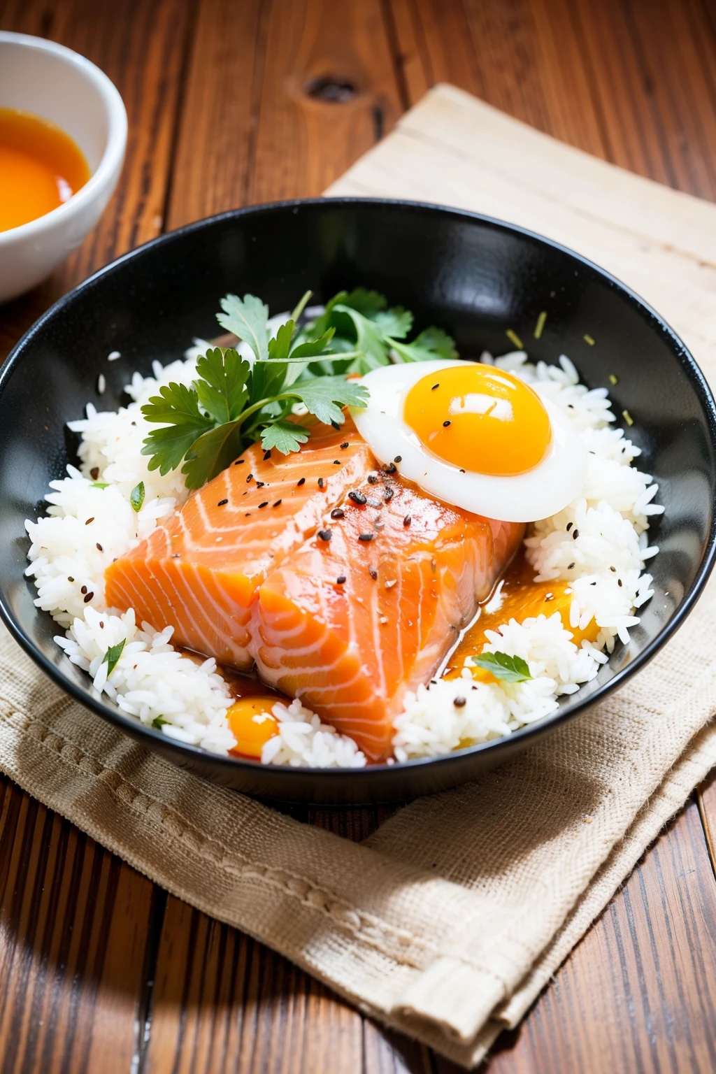 Want a bowl of salmon rice that looks good and has an appetite，A bowl with colorful black on a wooden table，Bowl with salmon slices、Sea urchin meat、Whole egg yolk、Arctic scallop slices and other foods，Sprinkle some seaweed crumbs on top、sesame seeds。There are some deciduous trees on the wooden table