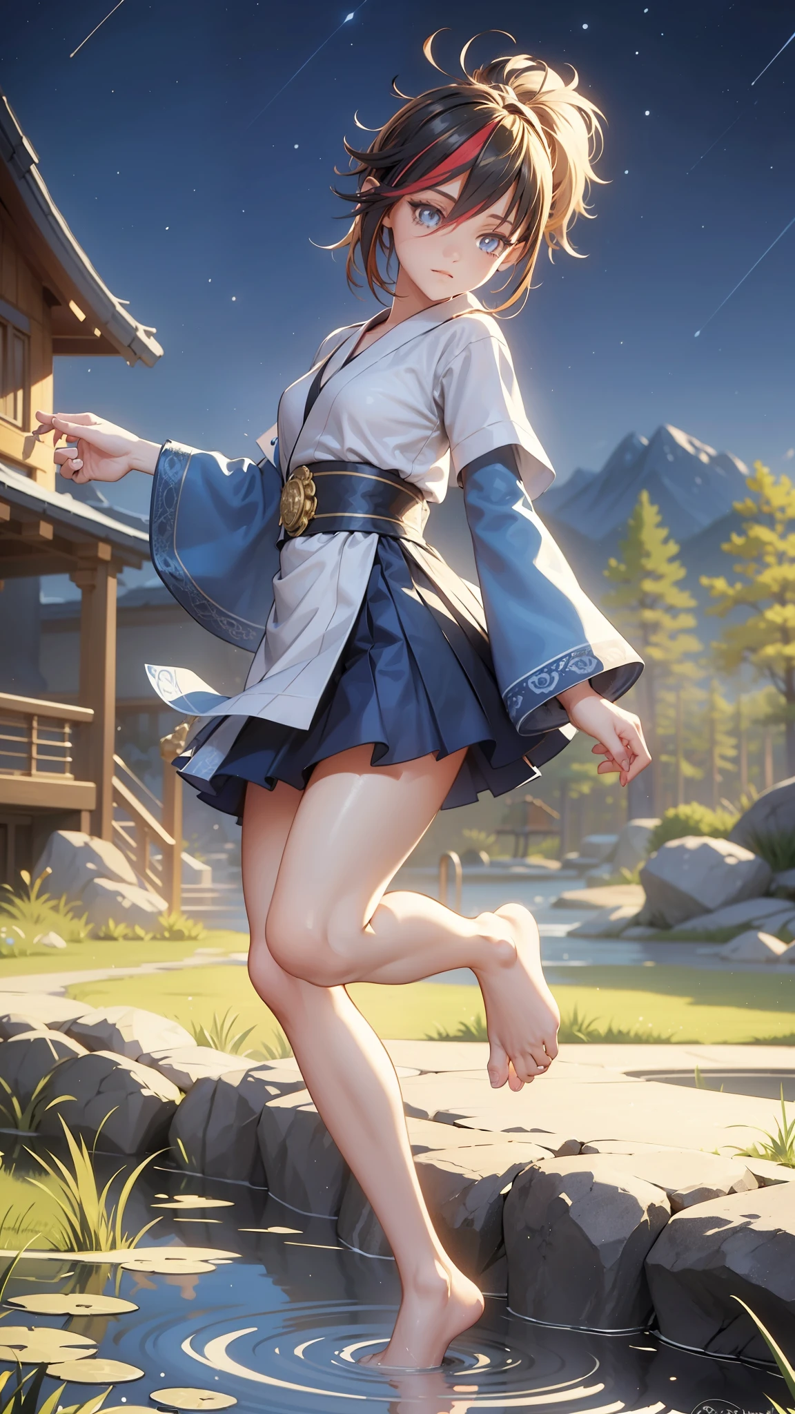 (best quality,ultra-detailed:1.2),ultra detailed face,ultra detailed hair,long eyelashes,glowing blue eyes,glowing lips,black and white and blue kimono,katana,cute pose,camping at night,standing pose,powerful instance,looking to the Sky,dark black hair,slender body,pale skin,peaceful expression,soft wind blowing,starlit night sky,subtle moonlight,tall grass,fireflies dancing in the air,tranquil atmosphere,serene ambiance,mysterious aura,deep feeling of tranquility,silhouette against the night sky,reflections on the water,ethereal charm,majestic presence,calming presence,mesmerizing beauty,graceful movements,dreamlike setting,whispers of nature,faint rustling of leaves,magical surroundings,unforgettable memories,radiating inner peace,vibrant colors,harmonious composition,intricate details,emotional depth,meticulous brushwork,sublime artistry,captivating realism,visual storytelling,immersive experience,unparalleled craftsmanship,lucid dreamscape