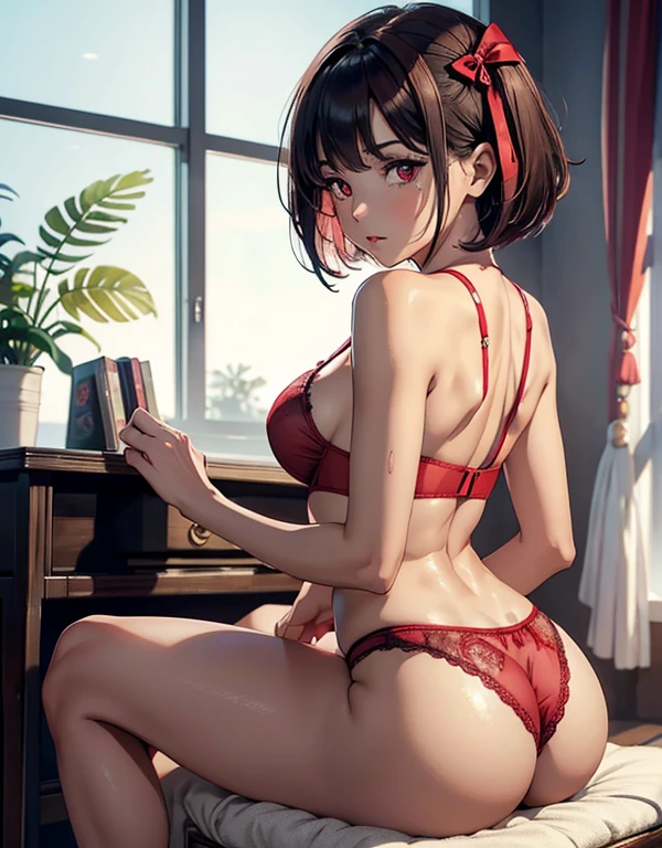 ((best quality)) ((best quality)), ((masterpiece)), (detailed), 4k image, anime style, beautiful girl, fair brown skin, symmetrical face, cherry pink plump lips, blood red eyes, African looks, fit athletic body, supple thighs, small breasts, toned body, slim waist, short height, sleek black shoulder-length bob-cut hair, wide hips, phoenix eyes, small nose, heart-shaped butt, light-red lace pajama cami top, silky light-red lace boyshort, one girl only, full body image, back to the wall, one girl only