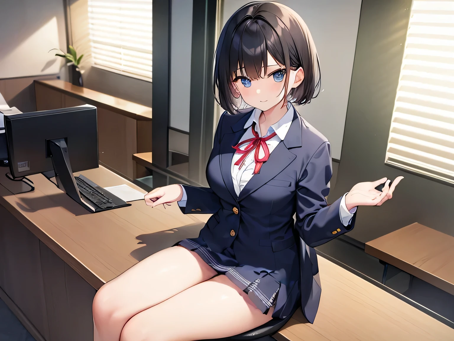 (masterpiece、highest quality、High resolution、realistic pictures、real looking skin:1.1)、
(The company&#39;s receptionist is working while sitting politely in the office chair at the reception desk.:1.8)、
(As a receptionist, she sits gracefully in an office chair and guides customers.:1.8)、
(She has a troubled look:1.5)、
(She is wearing a white reception blazer and miniskirt set.:1.8)、
(She is wearing black high heels:1.5)、
(Since I&#39;m working at the reception desk, I have my shirt buttoned up to the first button, a ribbon around my neck, and all the buttons on my blazer are fastened.:1.8)、
(black short hair:1.5)、
(The location is an office chair at the reception desk of the general reception center.:1.5)、
1 Japanese girl、solo、full body esbian、beautiful eyes、shining eyes、Shining thighs、NSFW