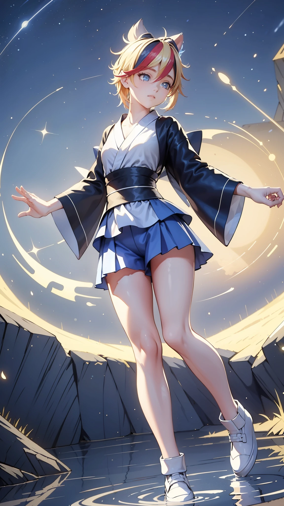 (best quality,ultra-detailed:1.2),ultra detailed face,ultra detailed hair,long eyelashes,glowing blue eyes,glowing lips,black and white and blue kimono,katana,cute pose,camping at night,standing pose,powerful instance,looking to the Sky,dark black hair,slender body,pale skin,peaceful expression,soft wind blowing,starlit night sky,subtle moonlight,tall grass,fireflies dancing in the air,tranquil atmosphere,serene ambiance,mysterious aura,deep feeling of tranquility,silhouette against the night sky,reflections on the water,ethereal charm,majestic presence,calming presence,mesmerizing beauty,graceful movements,dreamlike setting,whispers of nature,faint rustling of leaves,magical surroundings,unforgettable memories,radiating inner peace,vibrant colors,harmonious composition,intricate details,emotional depth,meticulous brushwork,sublime artistry,captivating realism,visual storytelling,immersive experience,unparalleled craftsmanship,lucid dreamscape