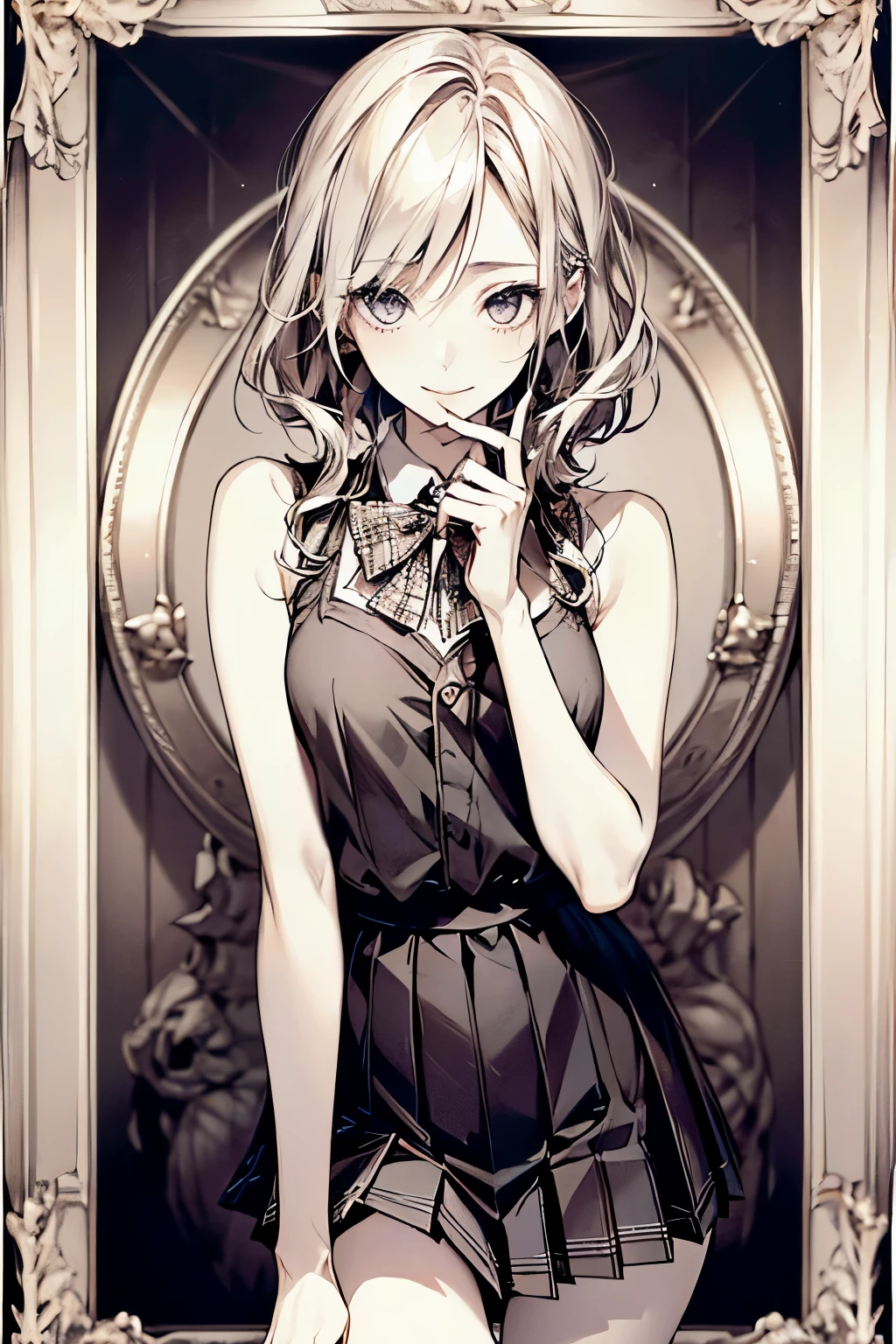 ((Biologically correct number of limbs))、(( Upper body photo including face))、4K、((standing position))、masterpiece、((focus on the face))、((Symmetrical facial features))、Eyes with detailed description、Beautiful woman、outstanding style、beautiful clavicle、beautiful legs、beautiful hands、slender body、(stockings、high heels)、Detailed depiction of faces、small earrings、necklace、(Sleeveless、Checkered block pleated skirt)、A bow tie、(((white frame photo)))、Looking Down、sideways glance、smile、under the starry sky