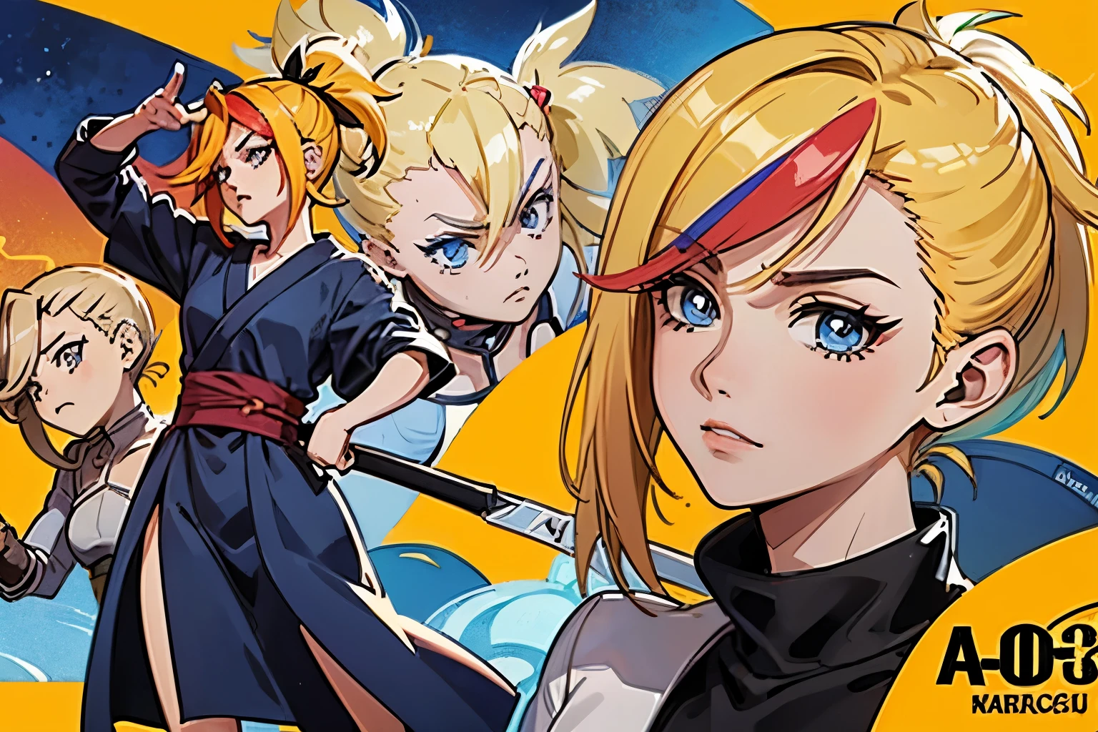 Folha de modelo de pose, loiro, olhos azuis, hero pose, esperando ansiosamente, Melhor qualidade, obra de arte, anime, garota samurai